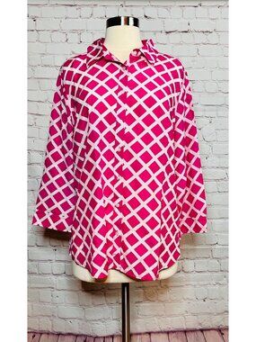 JCP Pink White Trellis Design Silk Blend Button-Down Blouse XL